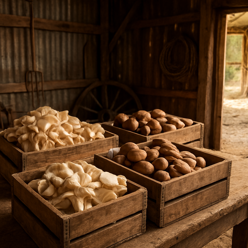 Inside the Country Farm Fresh Mushrooms shed — rustic crates of freshly harvested mushrooms