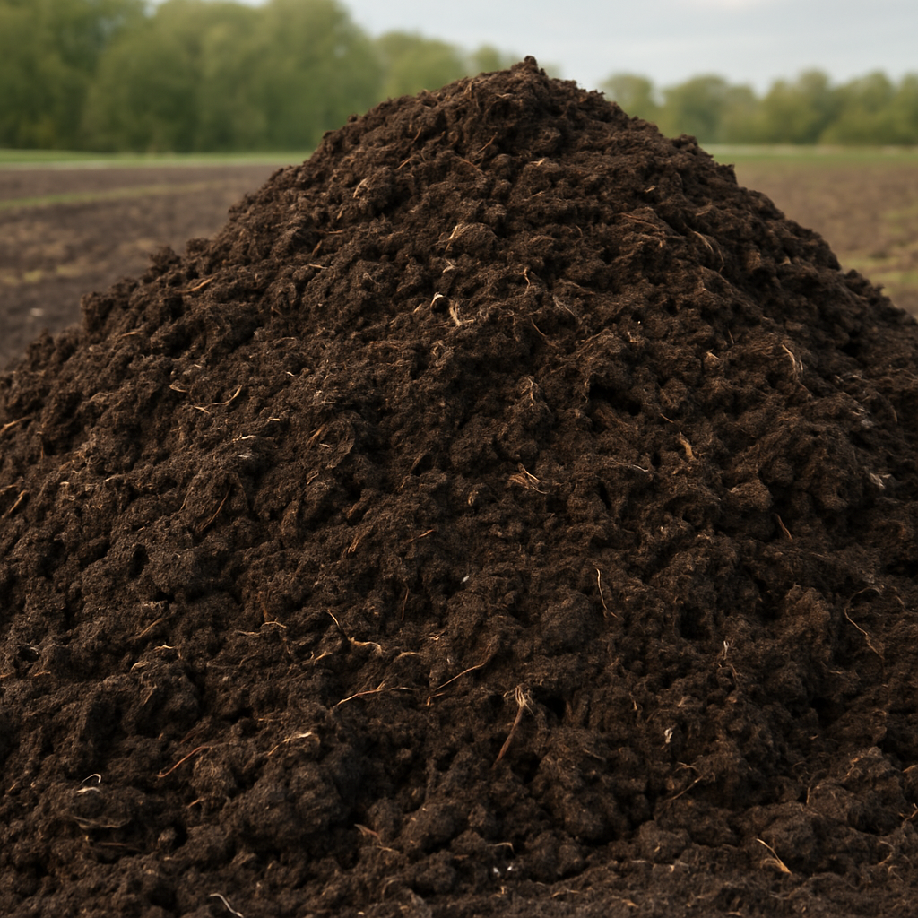 Rich dark spent mushroom compost piled outdoors