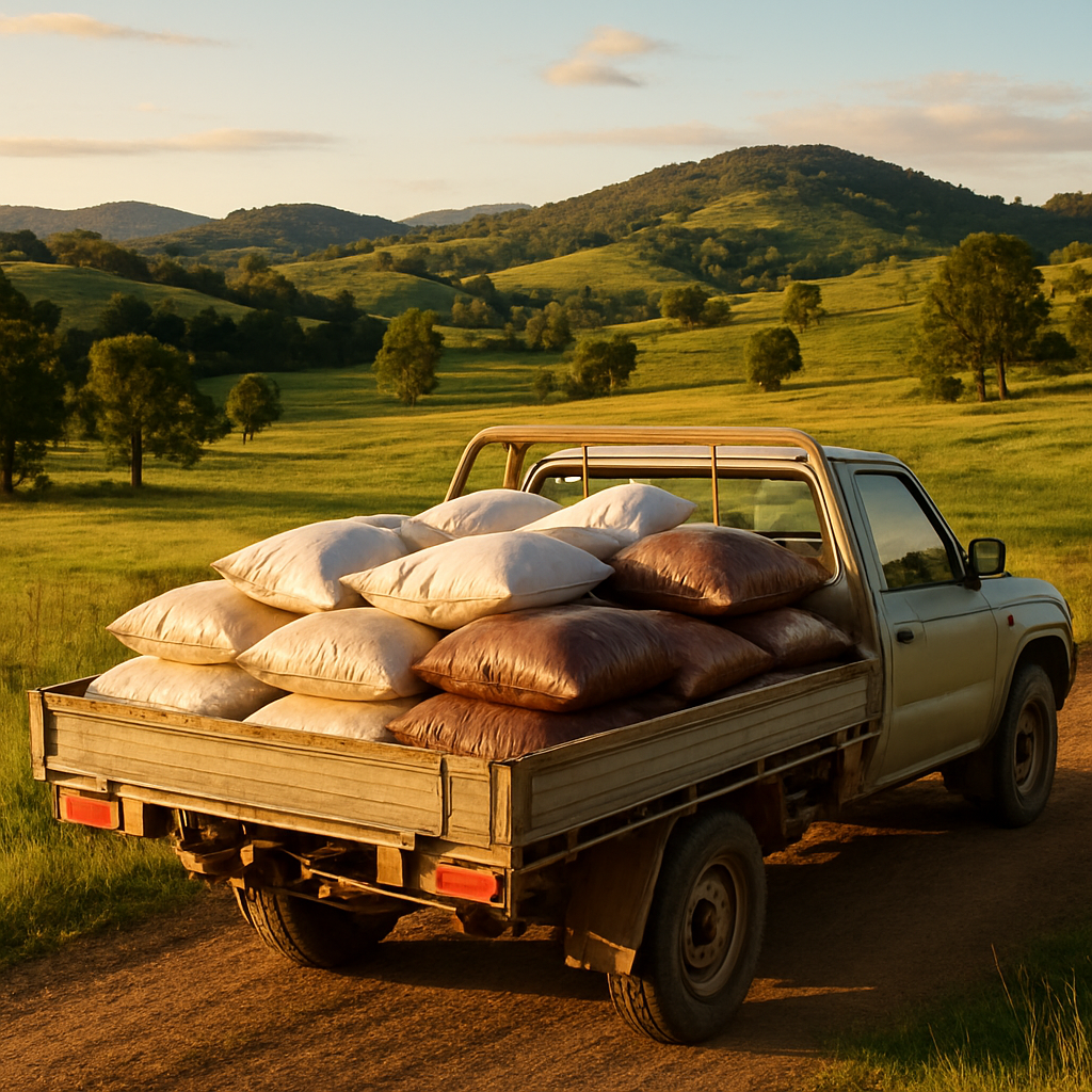 Farm ute loaded with bulk compost ready for delivery in Queensland