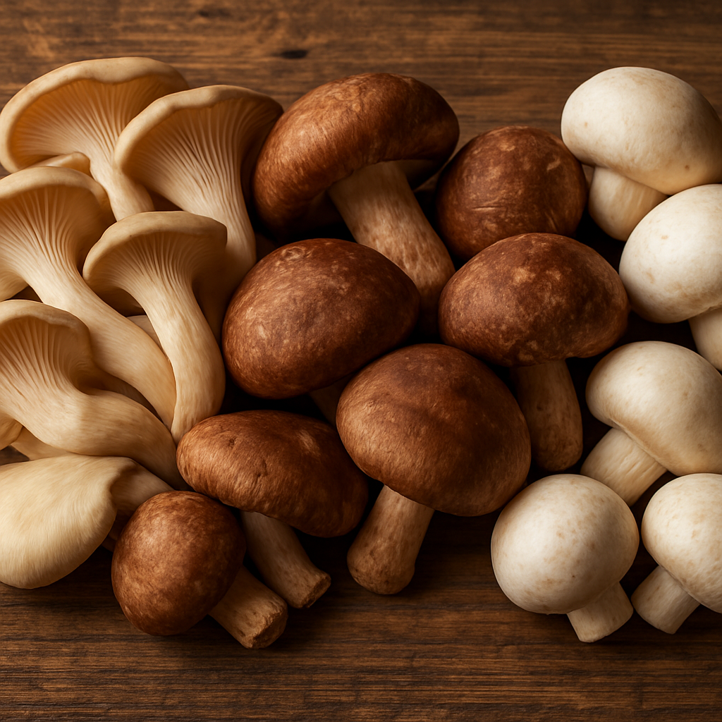 Fresh oyster and shiitake mushrooms on a rustic timber surface